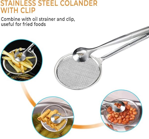 2 In 1 Frying Tong | Imported Small Multi-functional 2 In 1 Fry Tool Filter Spoon Strainer With Clip, Oil Frying Bbq Filter Stainless Steel