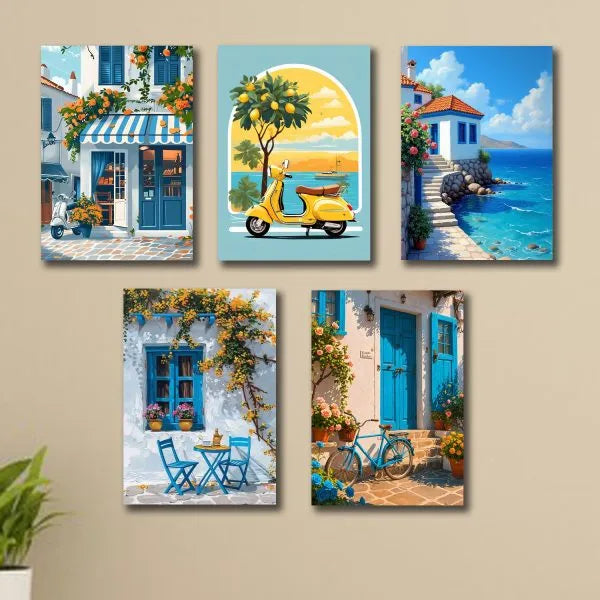 Set Of 5 Italian Vintage Homes Art Themed Wall Art Wooden St