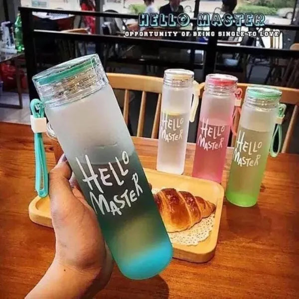 Frosted Glass Water Bottle With Hello Master Decal Logo
