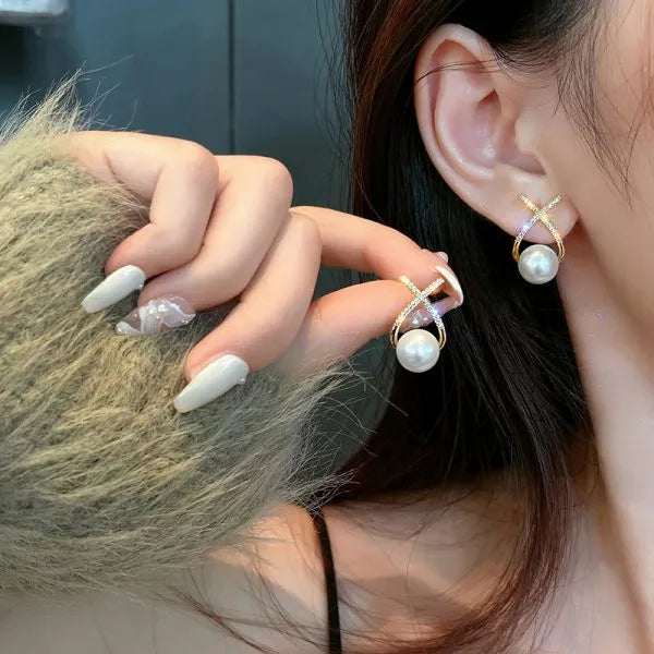 Elegant Golden Cross Pearl Zircon Earings Pearl Stud Earring