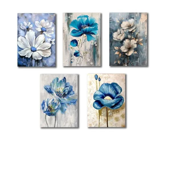 Set Of 5 Blue Flowers Wall Art Wooden Frames For Home Decora