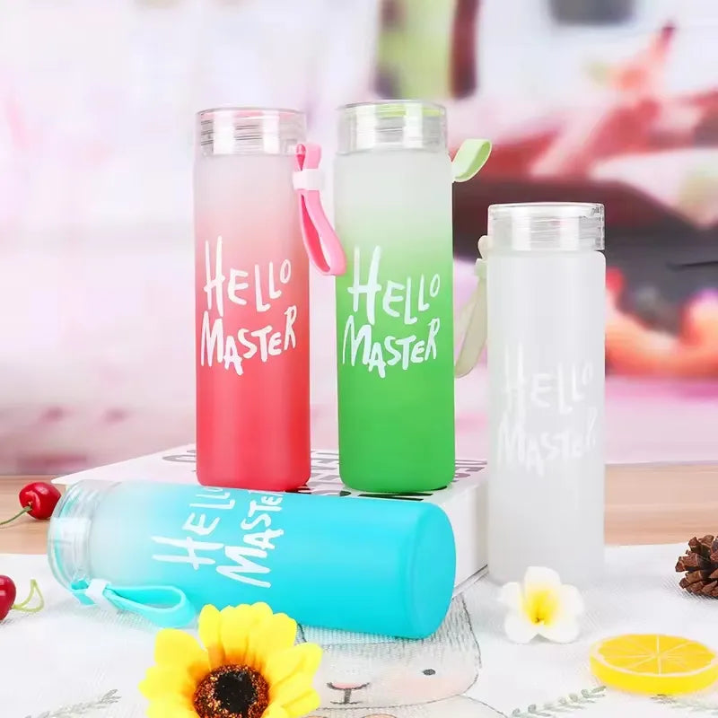 Frosted Glass Water Bottle With Hello Master Decal Logo