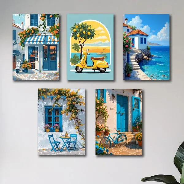 Set Of 5 Italian Vintage Homes Art Themed Wall Art Wooden St