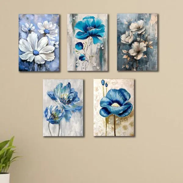 Set Of 5 Blue Flowers Wall Art Wooden Frames For Home Decora