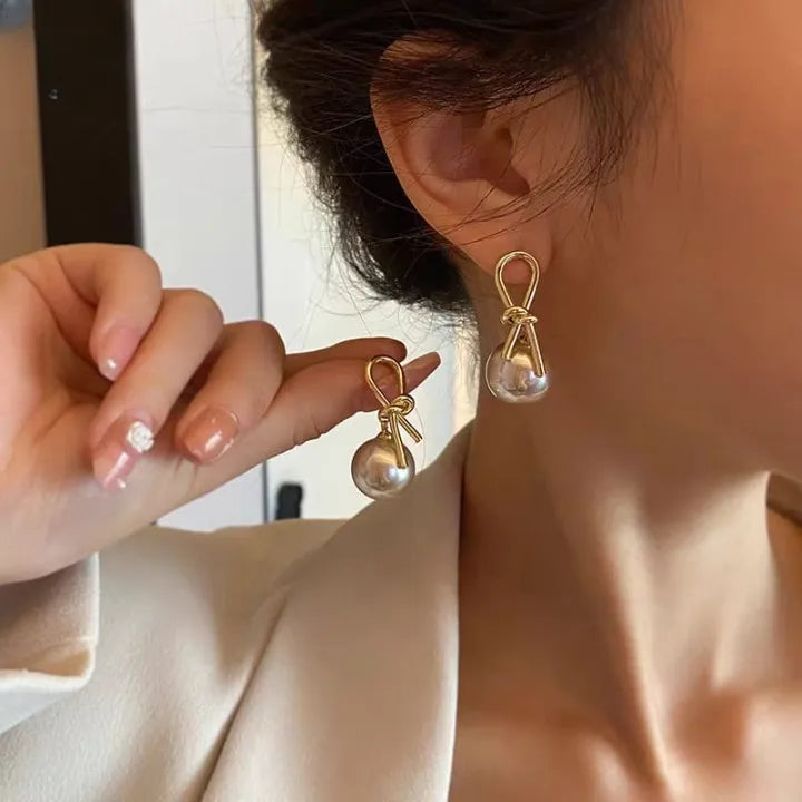 Knot Pearl Earrings Clip On Pearl Earrings Big Silver Grey