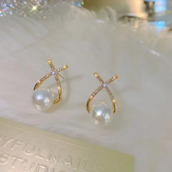 Elegant Golden Cross Pearl Zircon Earings Pearl Stud Earring