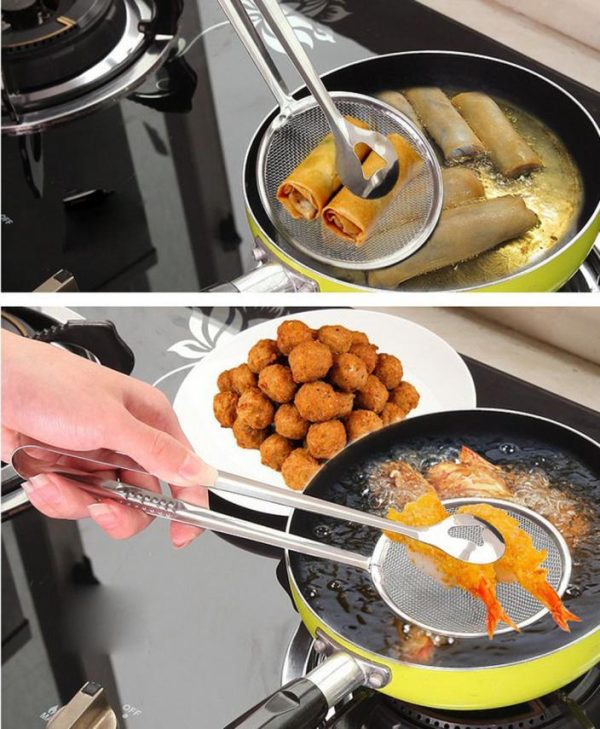 2 In 1 Frying Tong | Imported Small Multi-functional 2 In 1 Fry Tool Filter Spoon Strainer With Clip, Oil Frying Bbq Filter Stainless Steel
