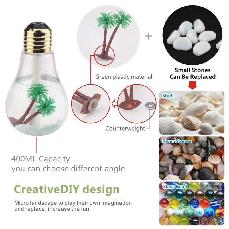 Bulb Essential Oil Humidifier Ultrasonic Diffuser LED Night Light Air Freshener 400ML